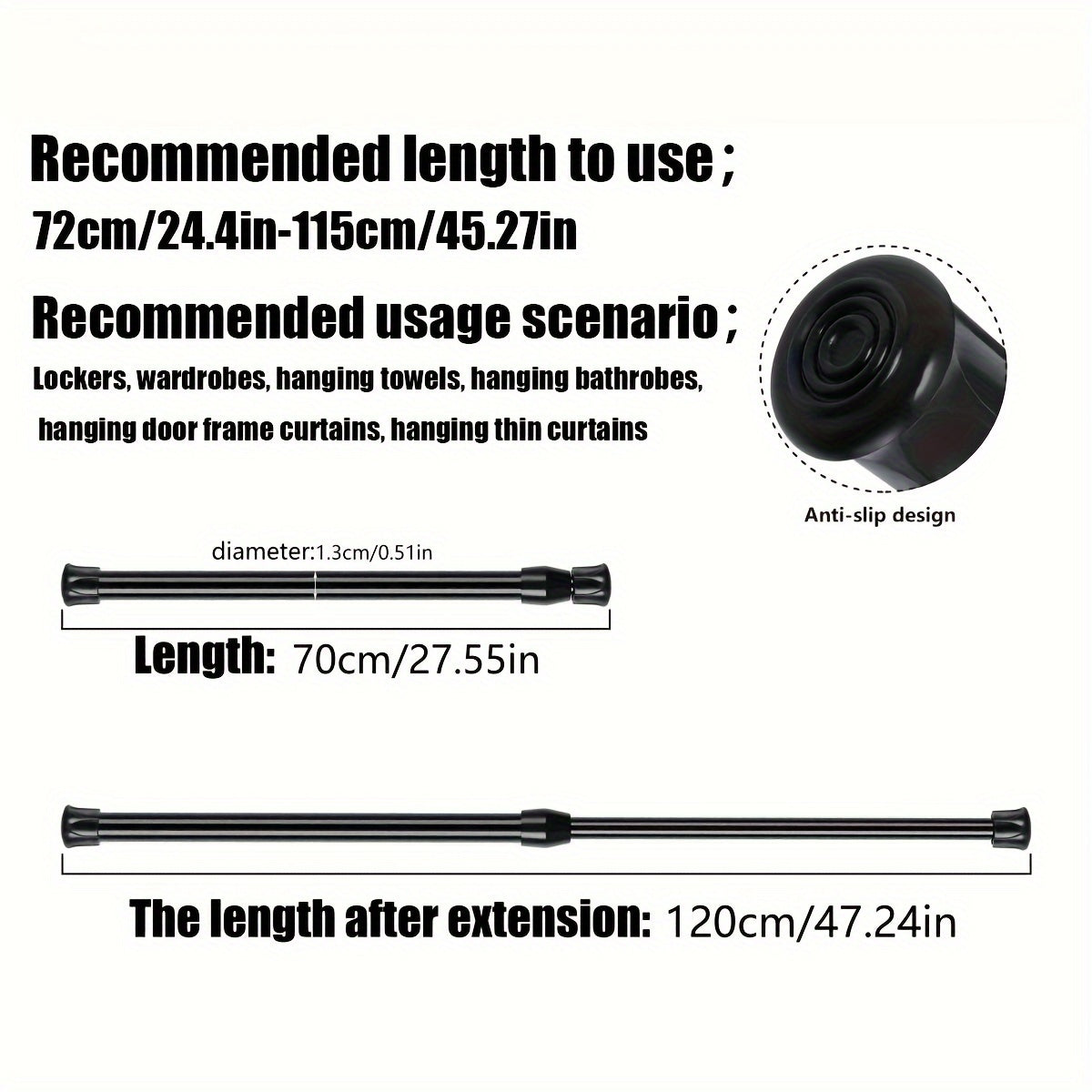 Telescopic rod with strong spring, easy to install, suitable for various uses like shower curtain, wardrobe support, towel rod.