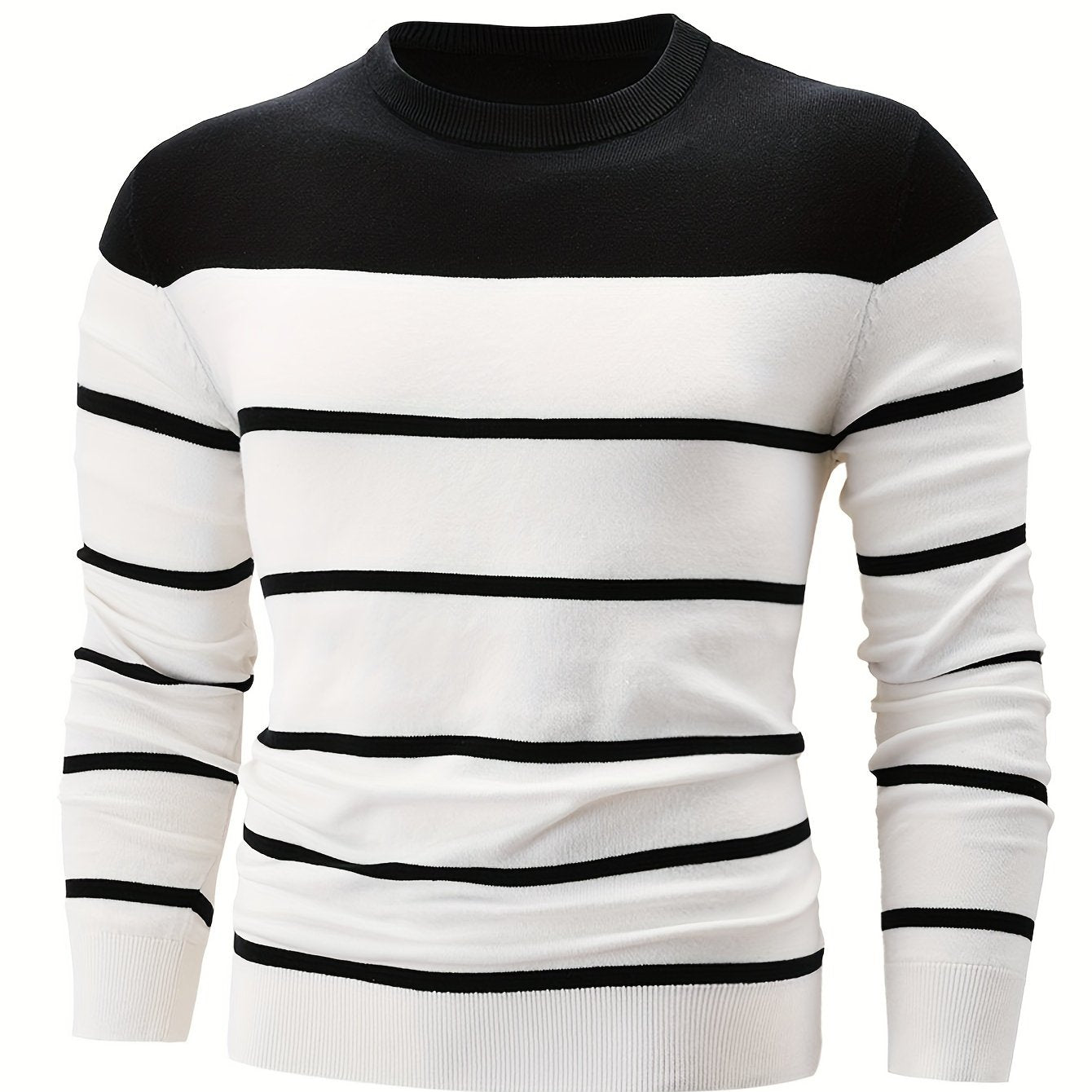 Men's striped crew neck sweater made of 100% cotton knit for casual fall/winter wear.