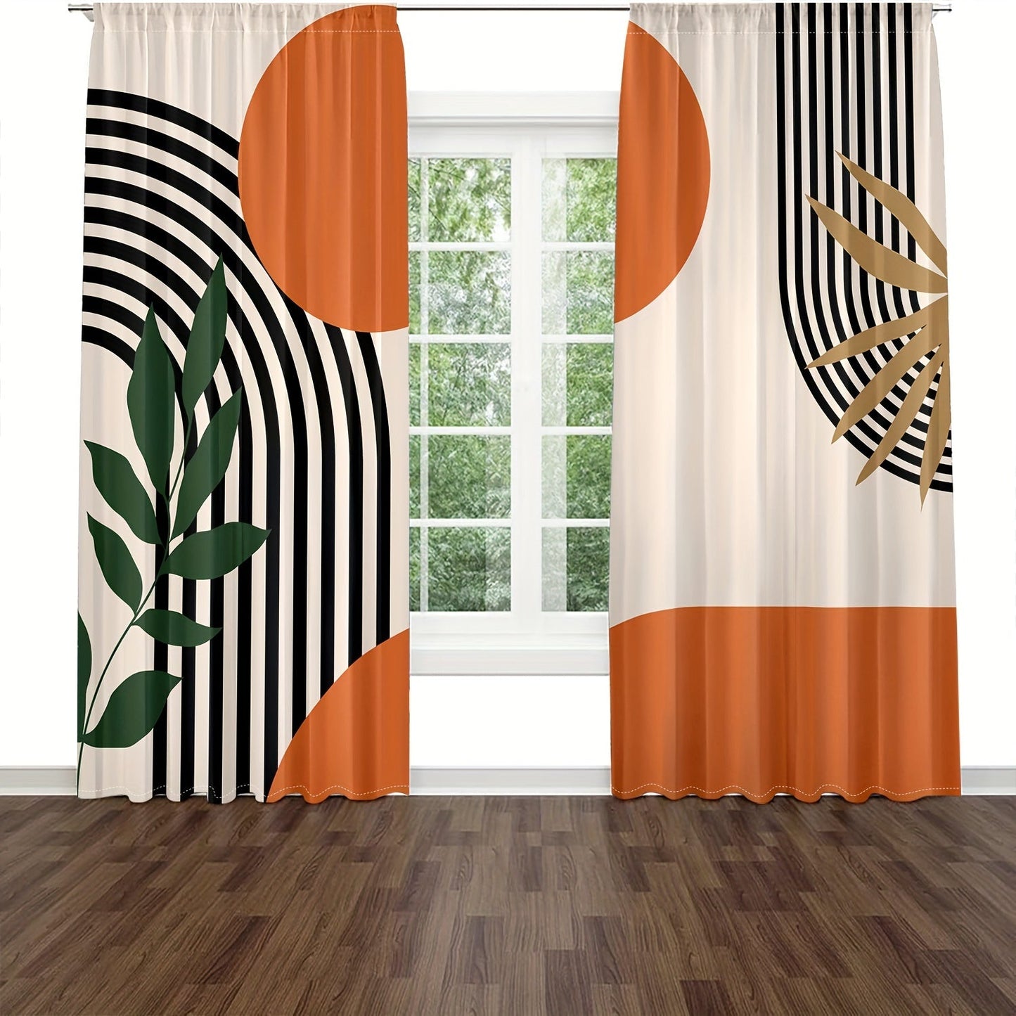 Two pieces of modern abstract geometric and striped design curtains - translucent, privacy-protecting drapes with a rod pocket for the living room and bedroom. Made of machine washable, fade-resistant polyester.