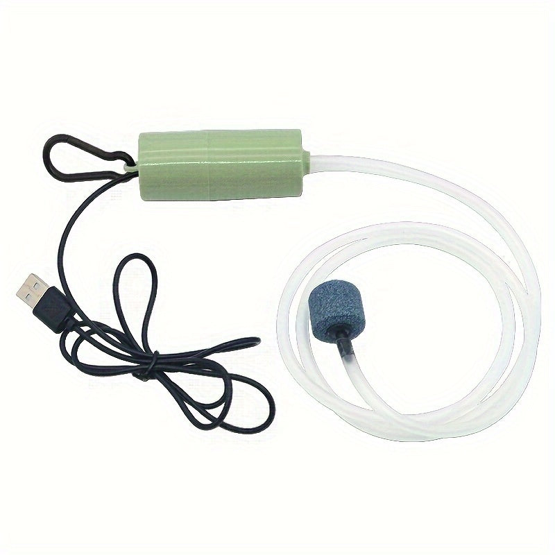 Compact USB aquarium air pump with air stone for fish tanks, available in multiple colors.