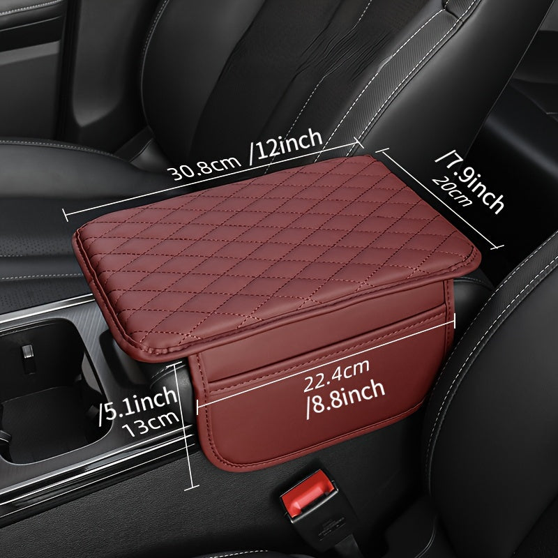 Red PU Leather Car Armrest Pad with Quilted Design, Elbow Support, Storage Pocket, and Scratch-Resistant Protective Cushion for Comfortable Driving.