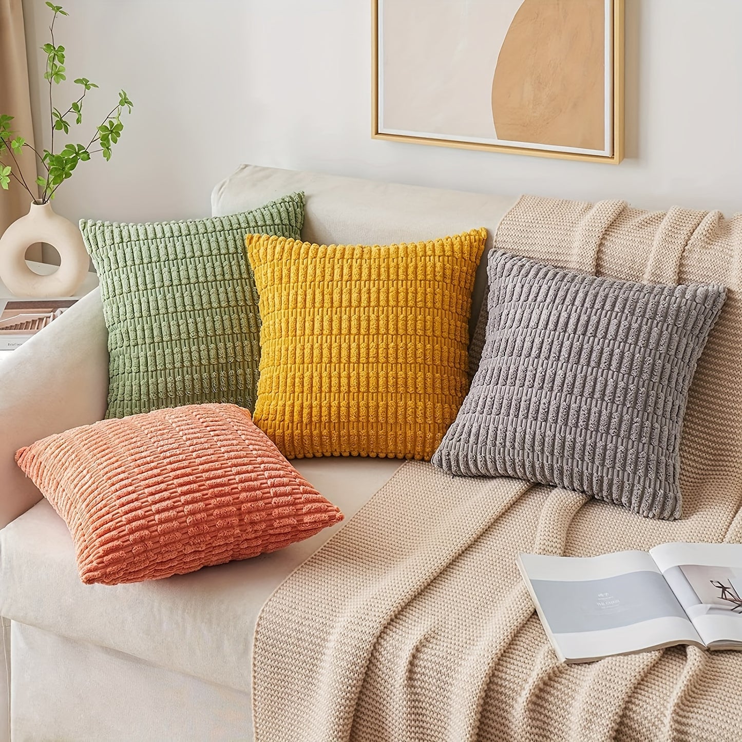 Reversible corduroy throw pillow cover with soft boho striped design, machine washable, zipper closure. Woven polyester, ideal for contemporary farmhouse home decor in sofa and living room. Size: 45.72x45.72 cm.