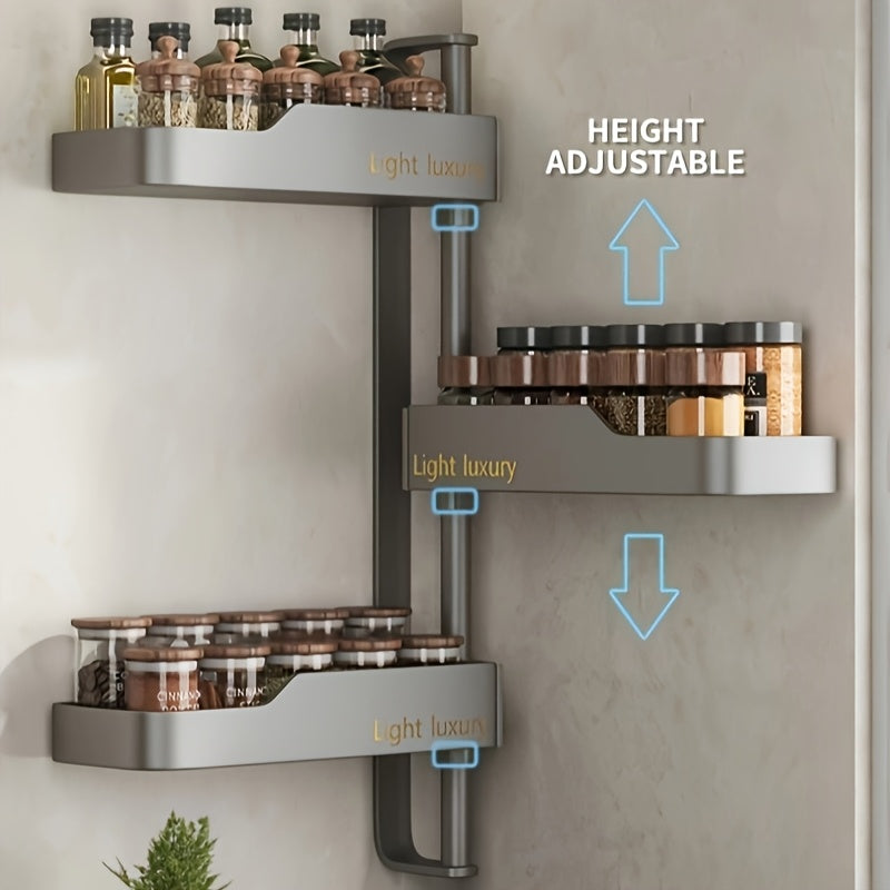 Polished Black Luxury Rotating Kitchen Spice Rack with Adjustable No-Drill Wall Mount - Multi-Layer Aluminum Organizer for Seasonings, Oils, Salt & Sauces