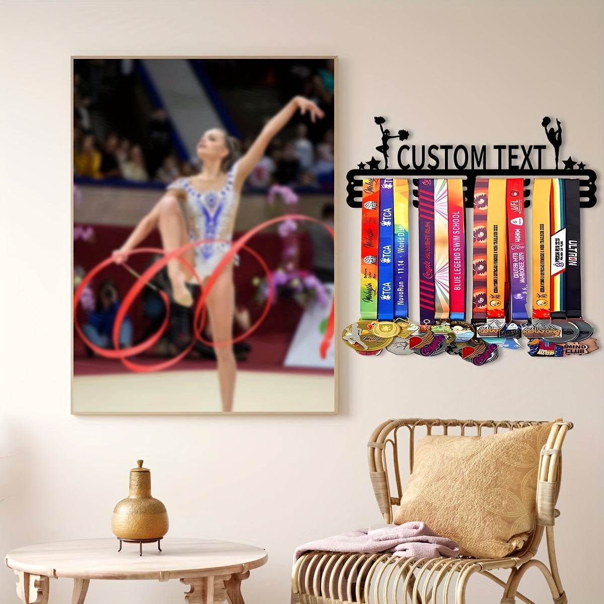 Black Art Deco Style Cheerleader Medal Display Rack made of Durable Metal with Coat & Hat Hooks - Customizable for Home, Kitchen, or Outdoor Porch Decor