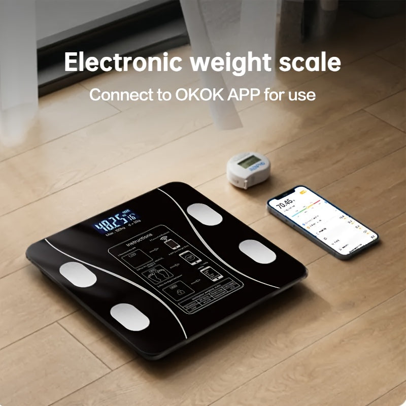 Smart weight scale with wireless connectivity and battery power, suitable for home and office use. Includes AAA non-rechargeable battery, perfect as a holiday gift.