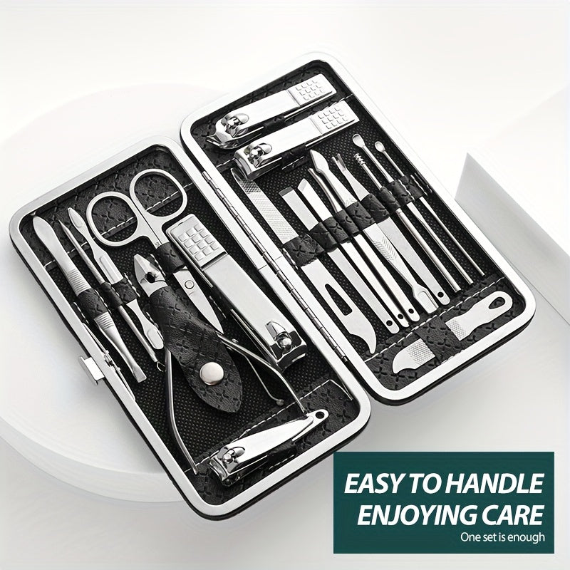 19-piece stainless steel personal care set with manicure nail clippers, ear picking spoon, and travel case.