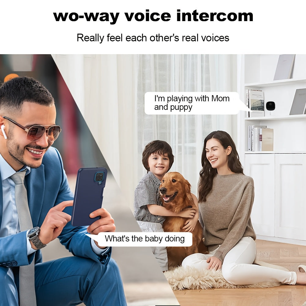 1080P HD WiFi camera with voice intercom, night vision, motion alerts, and remote mobile viewing. USB powered for indoor/outdoor surveillance. Sleek white design with high-definition lens