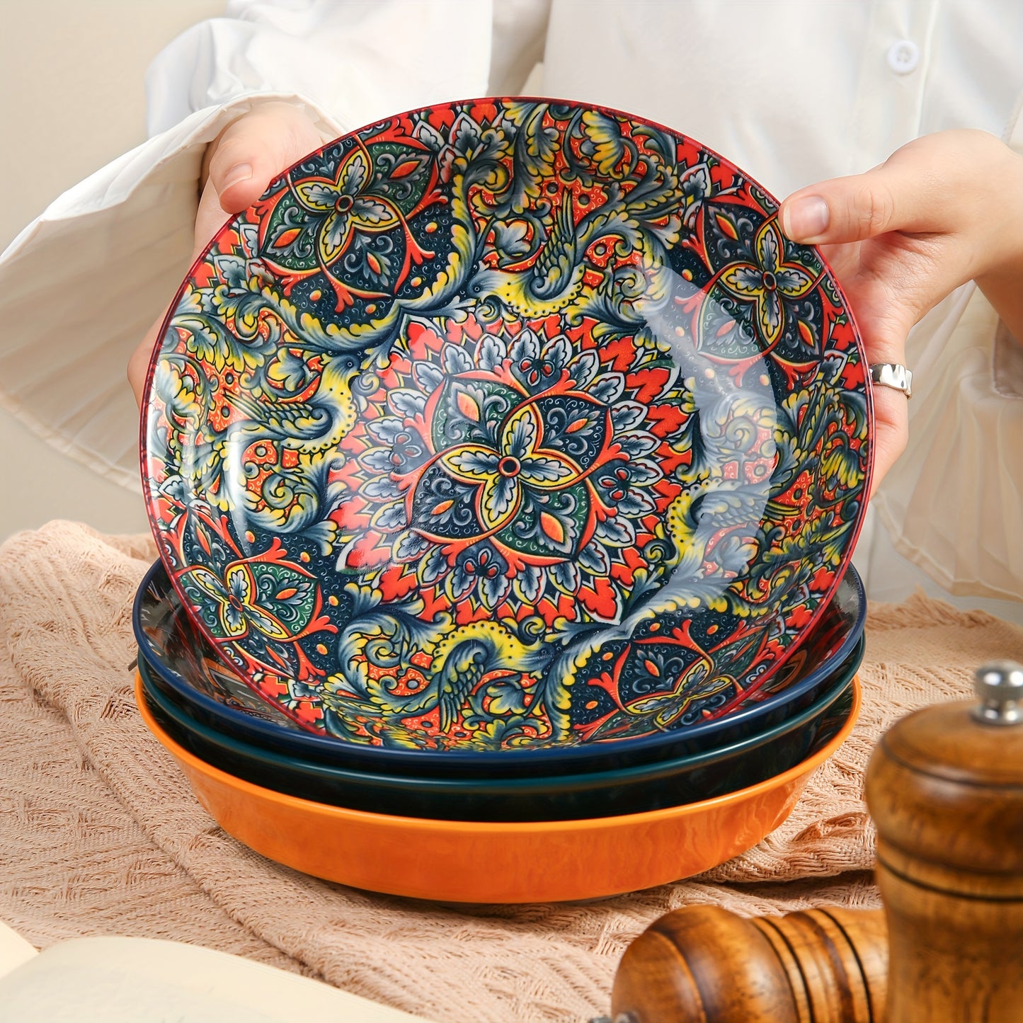 1pc 8-inch Bohemian Style Ceramic Dinner Plate suitable for home and restaurant use. Microwave safe.