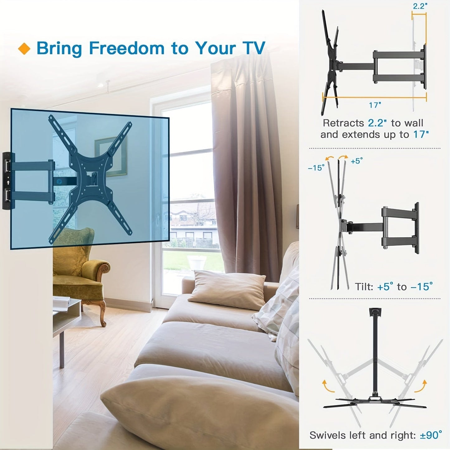 Single Pack Full-Motion TV Wall Mount Bracket with Articulating Arm, Tilt and Extend, for 32-55 Inch LED, LCD, Flat & Curved Screens, Max VESA 400x400mm, Metal Construction, Fixed Mounting, No Wood Required