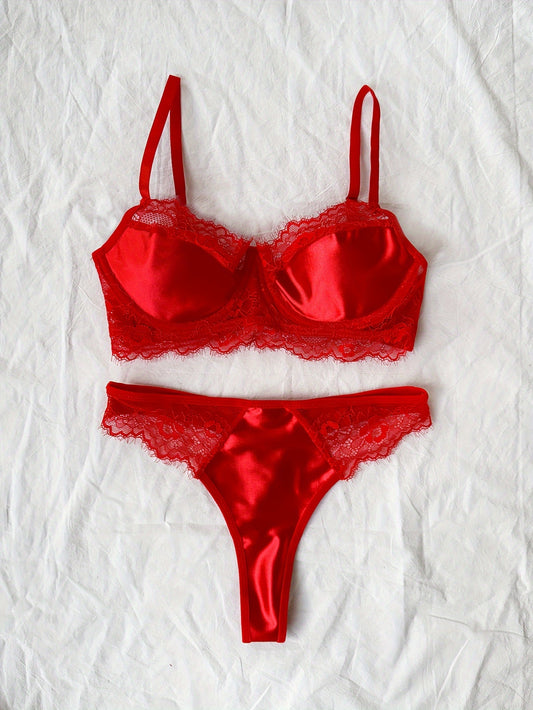 Valentine's Day Set: Women's Eyelash Lace Satin Longline Underwire Bra and Thong