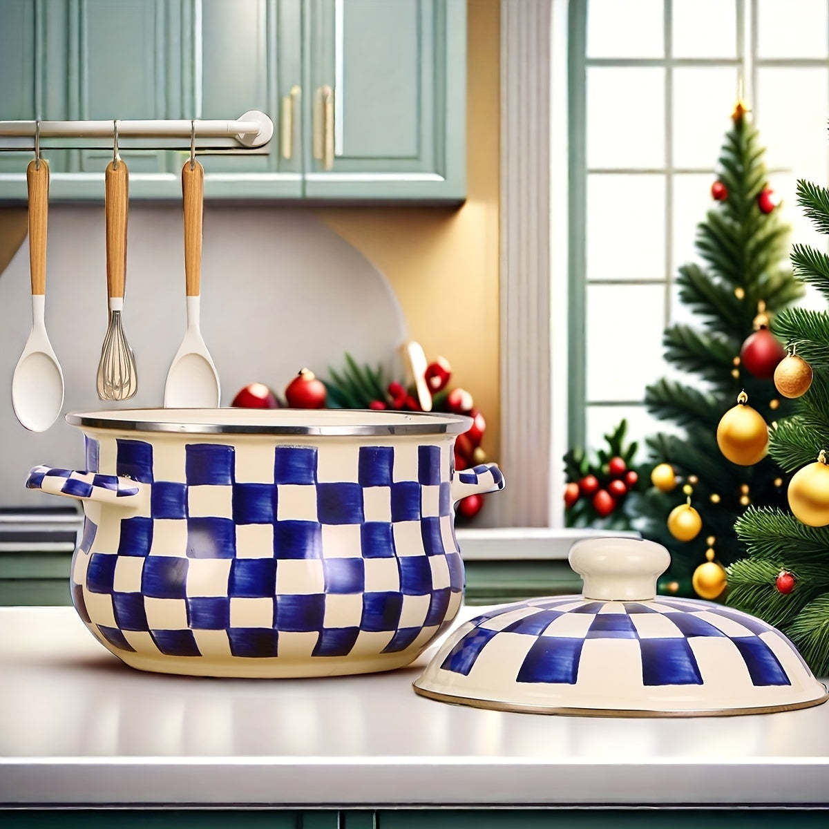 Enamel Saucepan with Lid - Blue and White Checker Pattern, 8.66-inch, Large Capacity Soup Pot and Casserole Dish, Serving Cookware for Table and Kitchen, Compatible with Gas and Electric Stovetops, Ideal Gift for Home and Restaurant