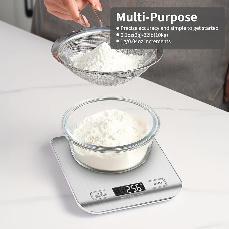 Digital Kitchen Scale, Stainless Steel Food Scale with LCD Display, Portable Electronic Weighing Tool. Battery Operated, Made of ABS Material. Non-Food Contact. Includes 2 AAA Batteries (Not Included). Ideal for Coffee, Baking, and Cooking Measurement.