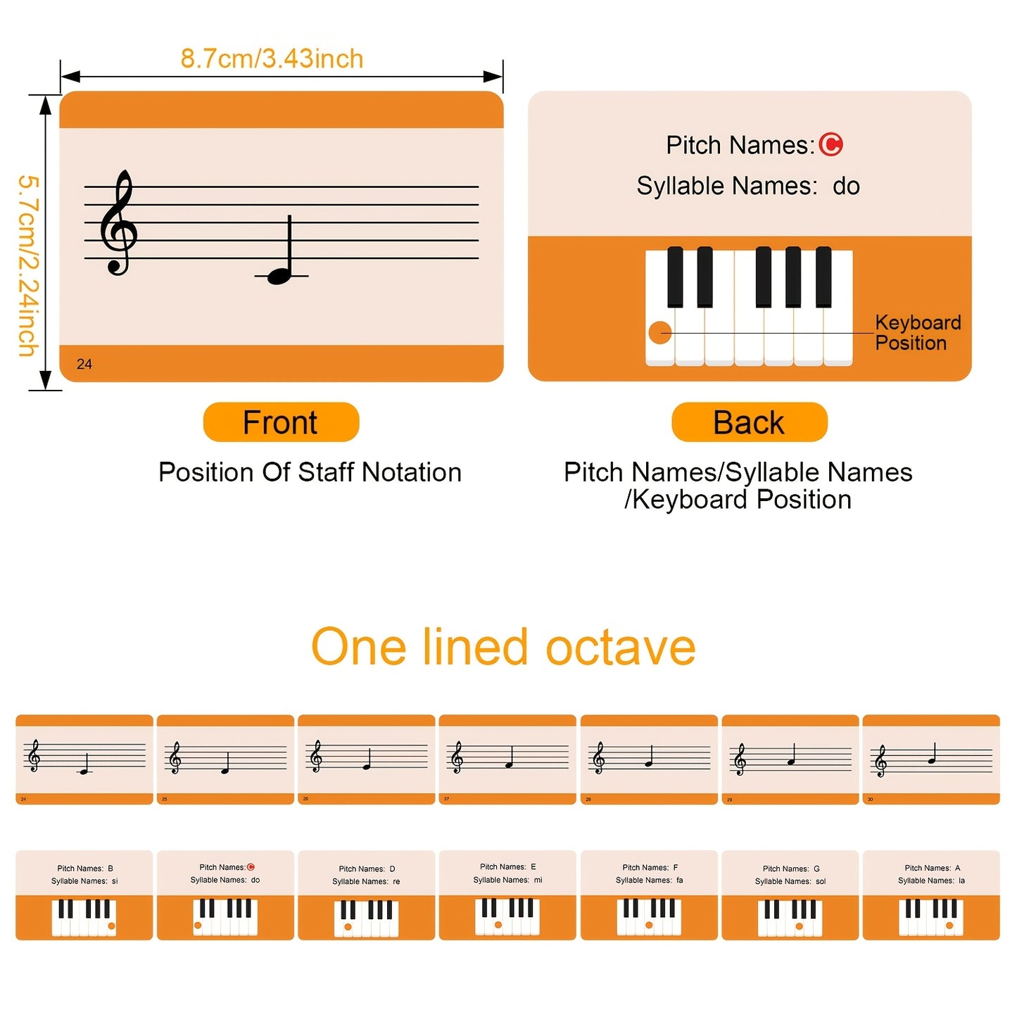 54 ta boshlang'ich pianino musiqa nazariyasi o'quv kartalari to'plami, asosiy va kichik kalitlar bilan, pianino boshlovchilari va o'qituvchilar uchun ideal. Qalin mis plitalar qog'ozida chop etilgan va shaffof saqlash qutisi bilan.