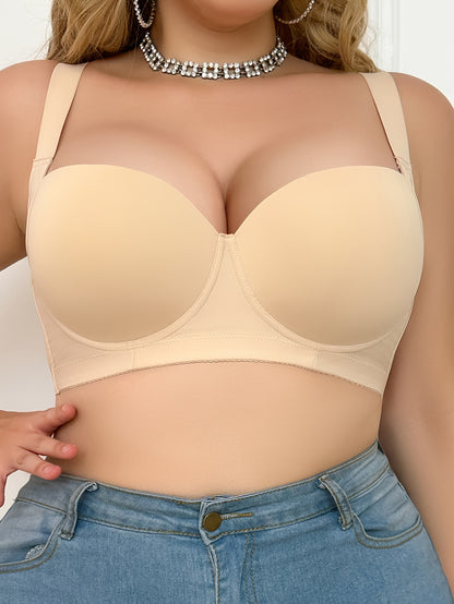 Plus size bralettes with non-removable padding, simple style, underwire support, and adjustable features. Made with polyamide and elastane, medium stretch fabric in a solid color.