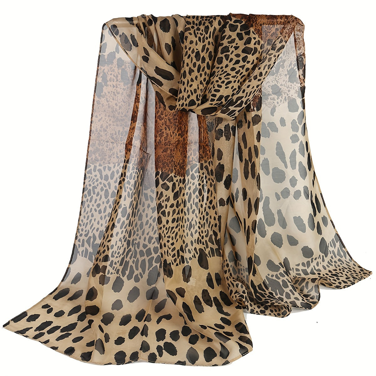 Women's boho style leopard print scarf made of 100% polyester chiffon, suitable for various occasions.