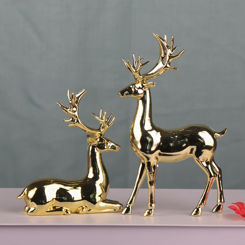 Luxurious gold-plated Christmas reindeer statues - perfect for home decor, wine cabinet display, holiday tabletop accents, and as a gift.