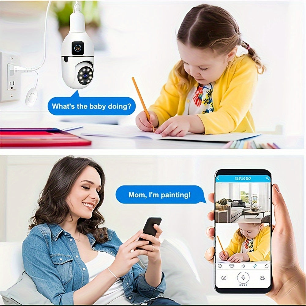 New: "Introducing the 1pc Panoramic Light Bulb Security Camera with Dual Camera technology. This E27 WiFi camera is perfect for home and outdoor surveillance, compatible with smartphones and featuring smart motion detection and two-way audio