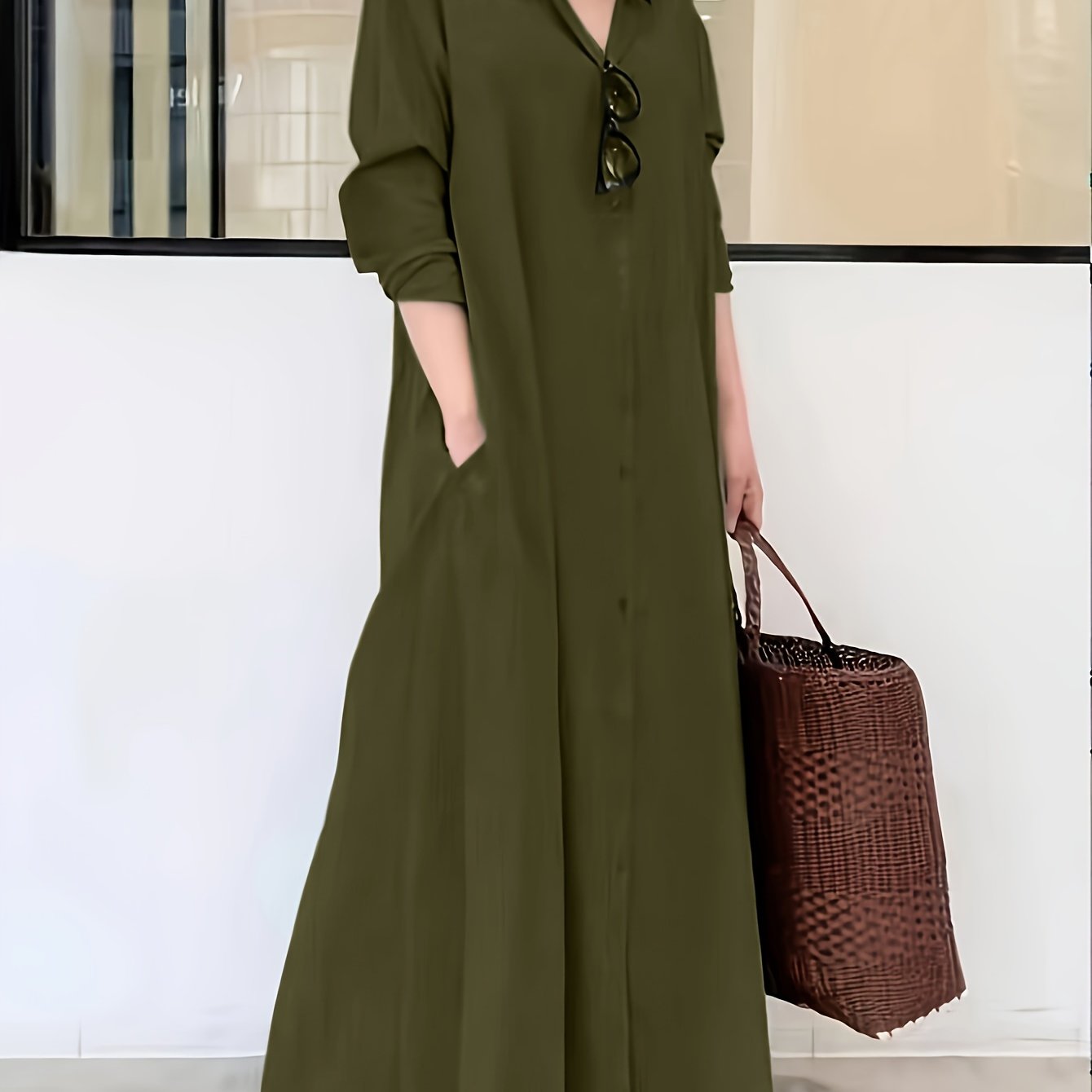 Elegant solid color button-up shirt dress for women with long sleeve and loose fit, ideal for spring and fall.