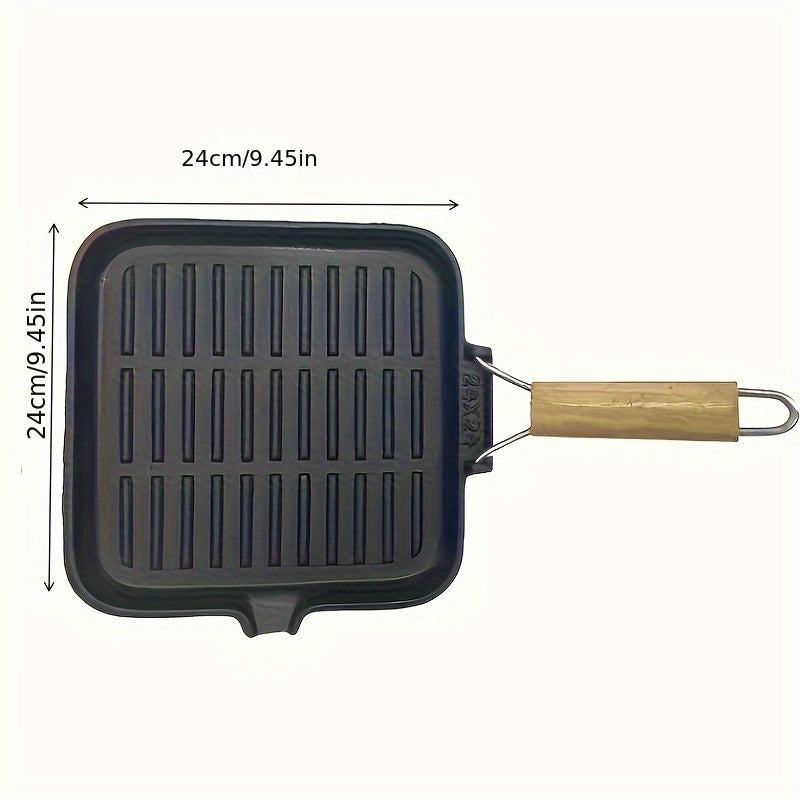 Heavy Duty 9.45-Inch Square Non-Stick Cast Iron Grill Pan with Folding Handle for Steak Grilling, Hand Wash Only, Induction Compatible