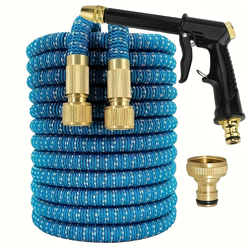 Retractable water hose with spray gun for car and garden washing.