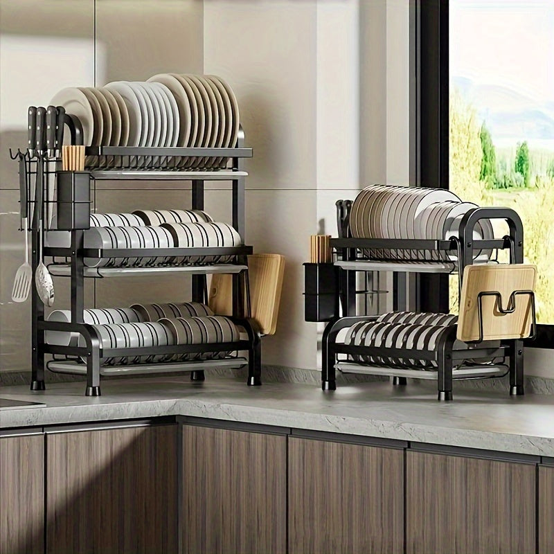 Double-layer kitchen organizer with space-saving design - Versatile dish rack for bowls and plates with drainage feature, made from durable metal materials.