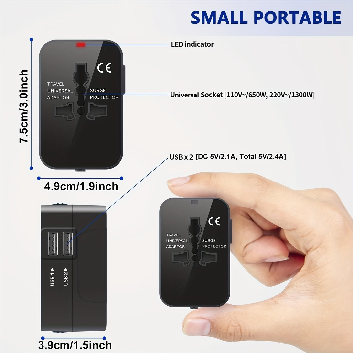 Travel adapter with two USB charging ports