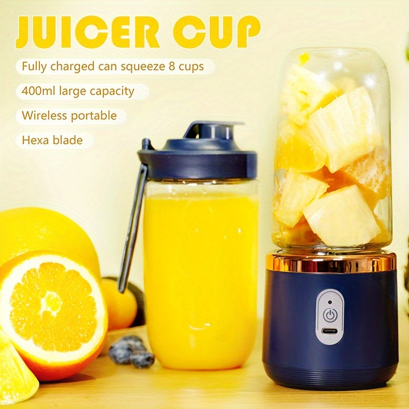 Portable USB juicer with 6 blades, wireless and rechargeable. Great for juicing fruits and crushing ice.