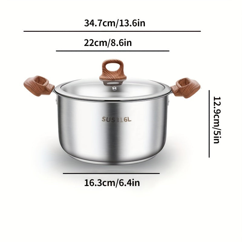 Large Stainless Steel Soup Pot with Thick Bottom & Glass Lid - Ideal for Making Stews, Sauces & Reheating - Stylish Addition to Any Home or Restaurant