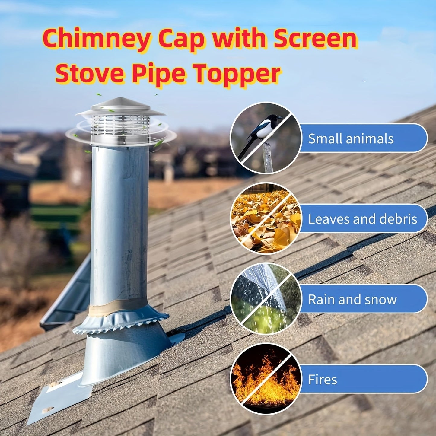 Stainless Steel Chimney Caps with Conical Tops, Window Screens, Outer Roofs, Silvery Fireplace Screen Covers, and Flue Pipe Top Covers