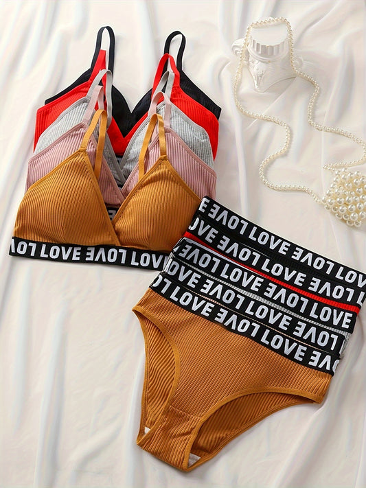 5 sets of casual lingerie in assorted colors, with ribbed fabric, love band sports bra, and matching bikini panties for women's daily wear.