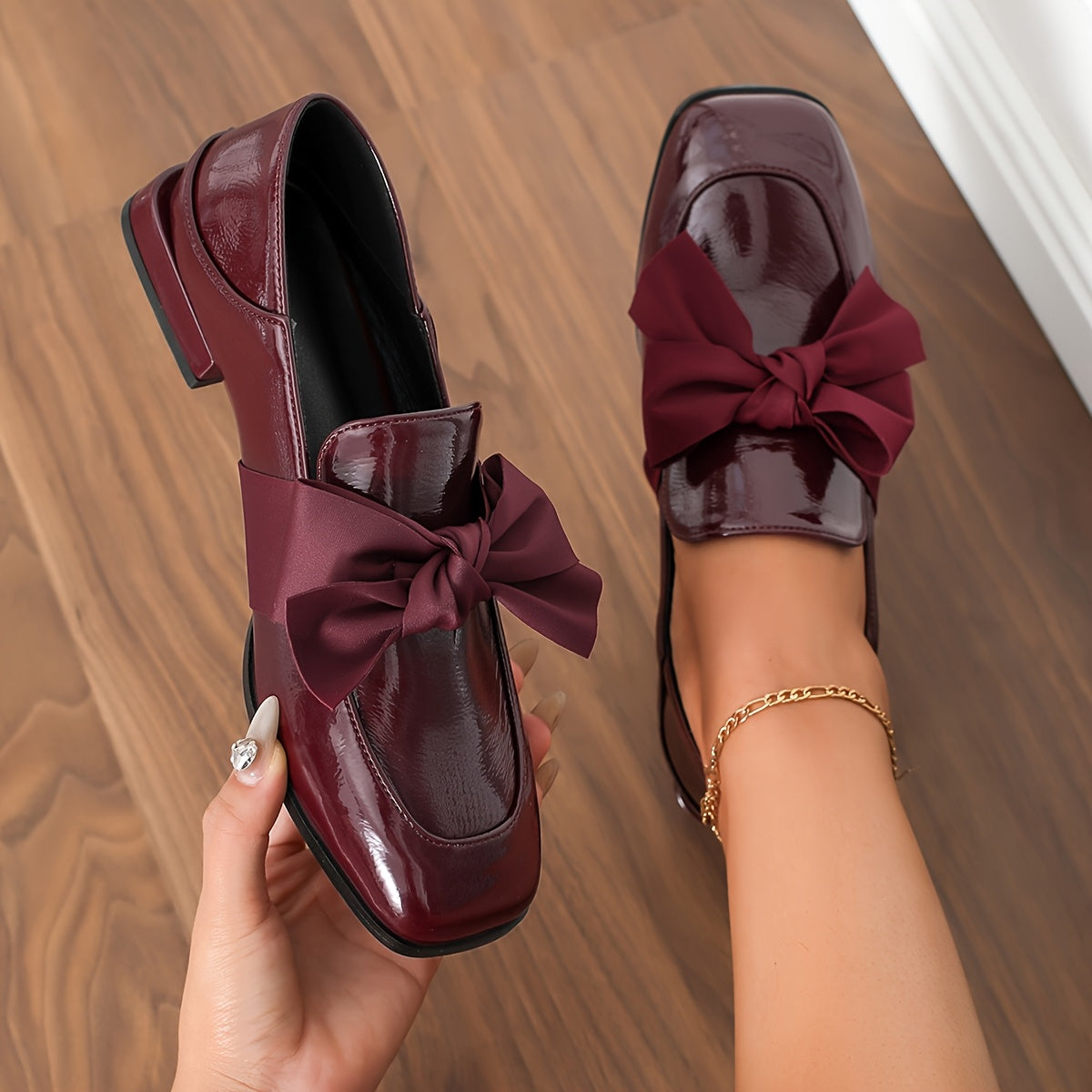 Women's new Burgundy bow mules by Le Fu Shoes.