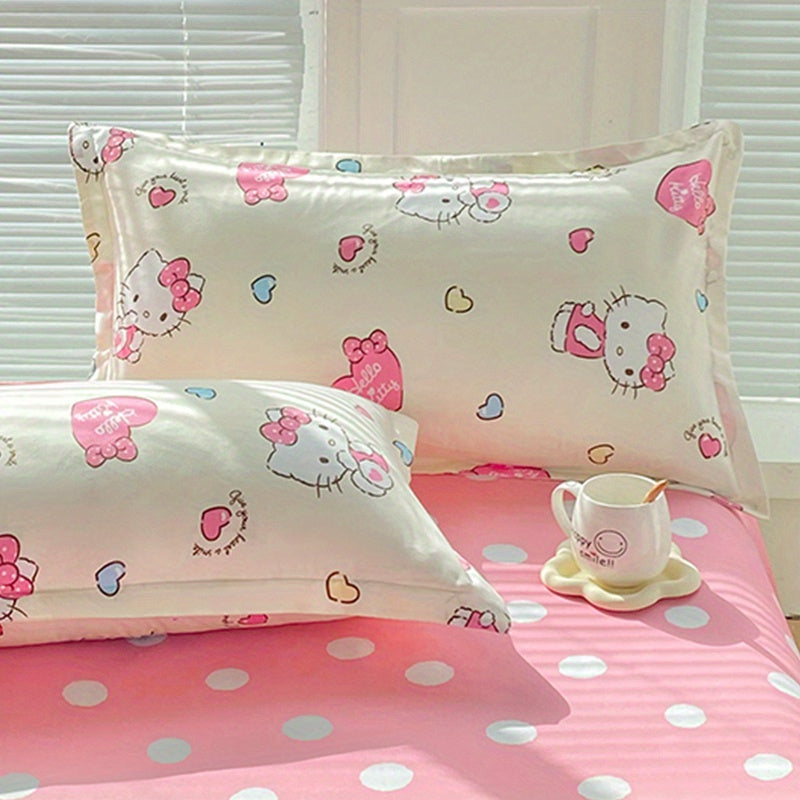 One piece of a Hello Kitty pillowcase made from 100% soft and breathable fabric. This bed pillow cover is machine washable and allergy-resistant. It features a digital print design with an envelope closure. The fabric weight is 250-300gsm, perfect for