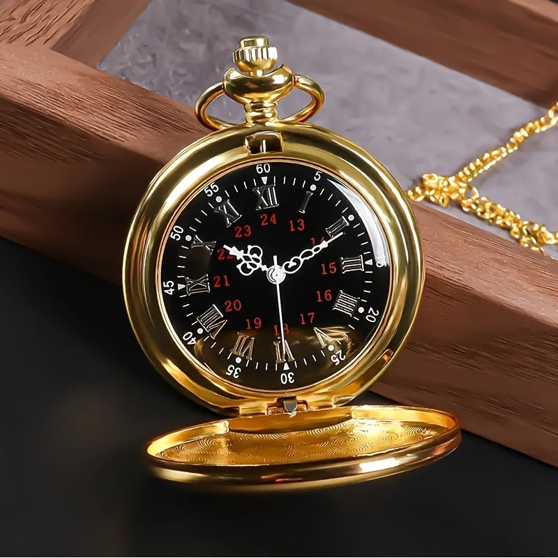 Stylish Vintage Men's Pocket Watch with Black Dial and Golden-Tone Chain - Elegant Roman Numerals, Quartz Movement, Non-Waterproof, Alloy Case - Perfect Gift for Couples on Birthdays or Holidays