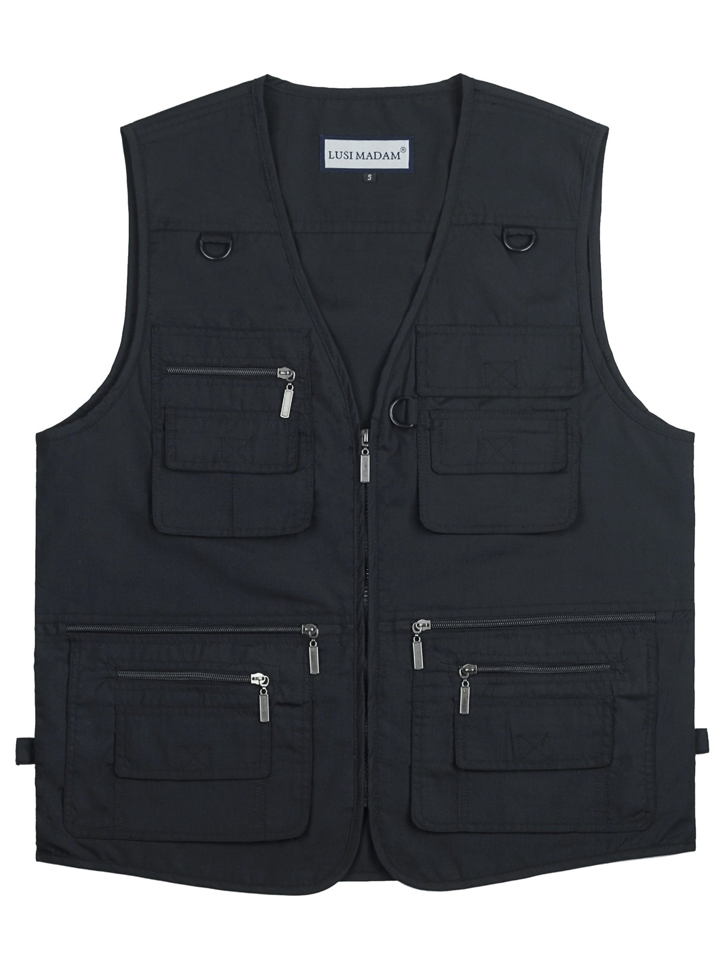 Black polyester blend men's plus size lightweight cargo vest with multiple pockets and zipper for outdoor activities. Perfect for spring/summer, photography, fishing, hunting, and travel.