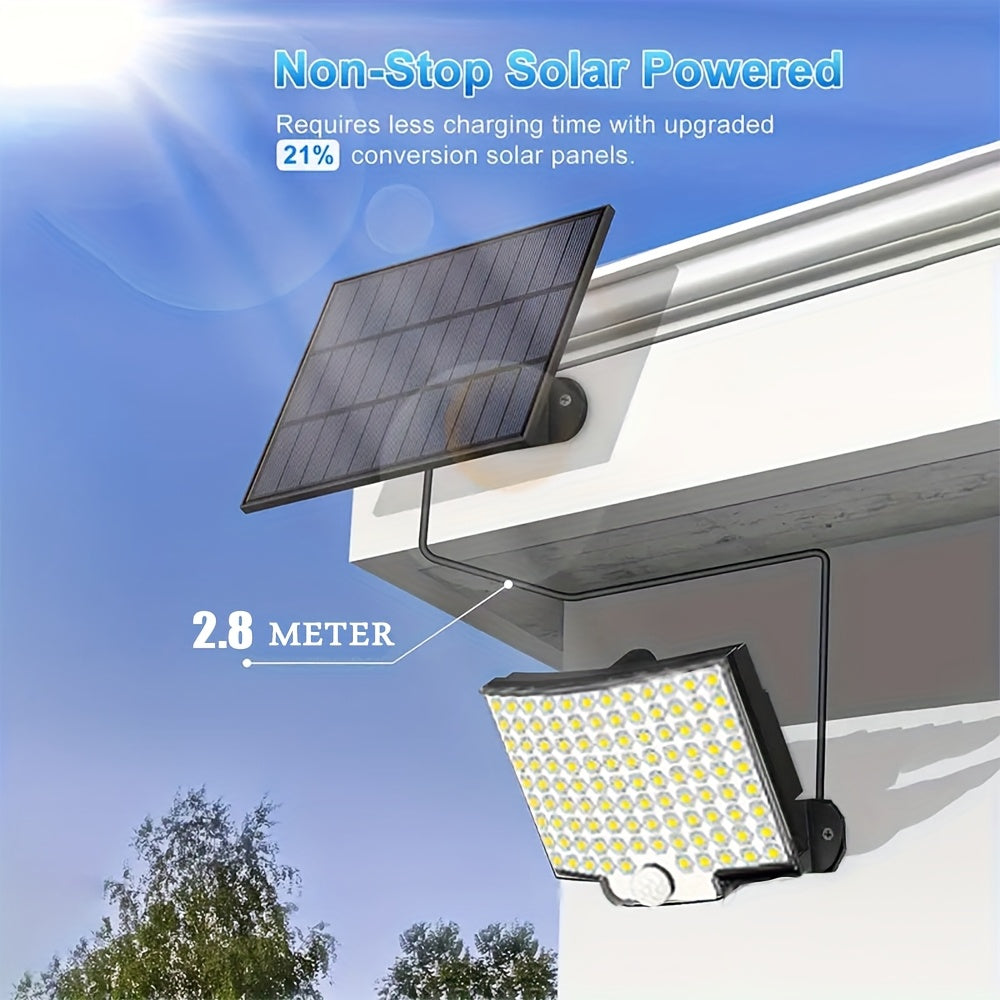 Two packs of 106 LED solar outdoor lights with motion detector for garden use, providing 135° illumination angle from dusk to dawn.