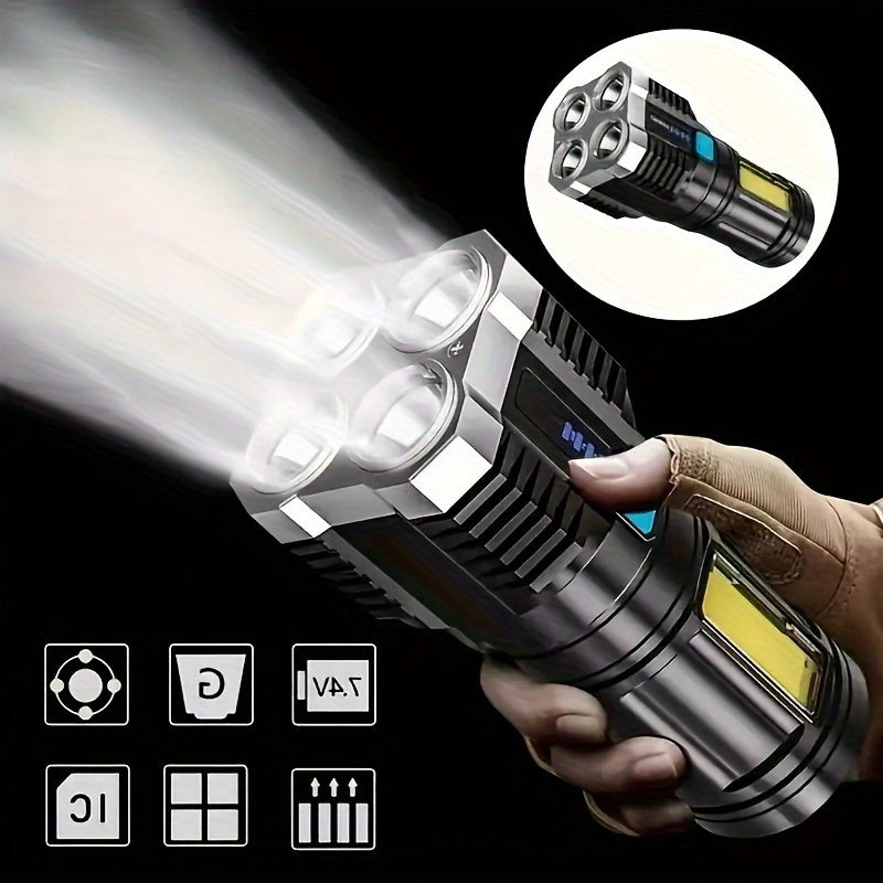 USB rechargeable LED flashlight with 4 modes and COB side light, perfect for outdoor activities.