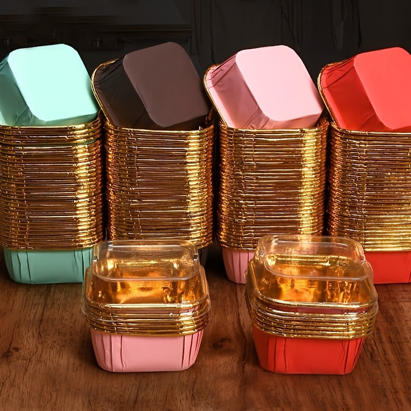 50 pieces of square cupcake cups with matching lids, perfect for baking square cakes, puddings, and other desserts. These heat resistant foil cups are great for muffins and can be used as disposable baking cups. They come with stylish cupcake wrappers