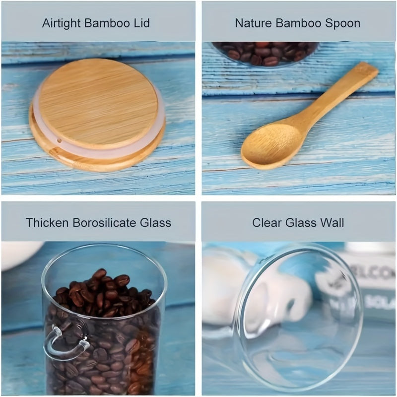 Airtight glass jar with bamboo lid and spoon for kitchen storage, perfect for spices, rice, coffee, candies, etc. Pearl packaging included.