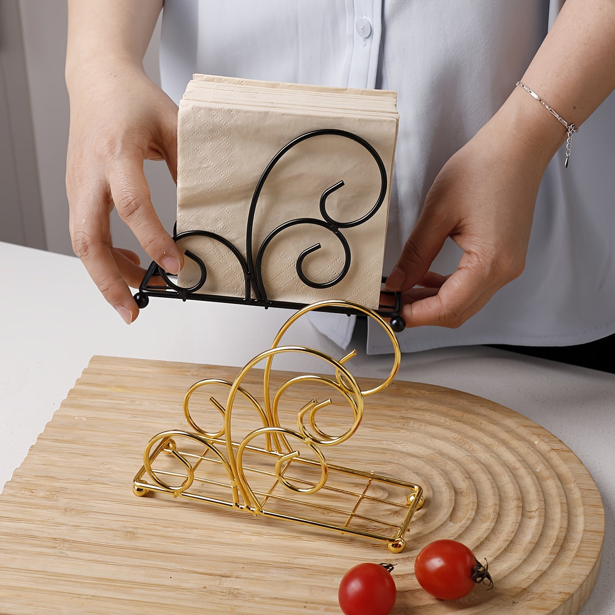 Classy napkin holder with vertical semi-circle design, ideal for kitchen and dining spaces in cafes and hotels.