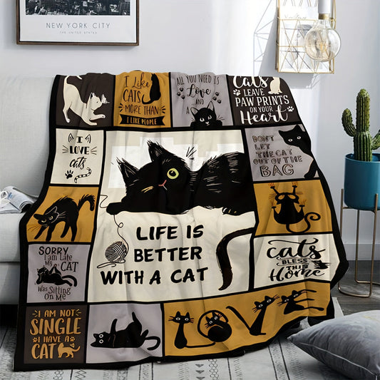 Charming Cat-Lovers' Throw Blanket - Cozy Flannel with Whimsical Digital Print, Hypoallergenic & All-Season Use - Ideal for Sofa, Napping, Air Conditioning, Camping - Perfect Gift for Cat Enthusiasts