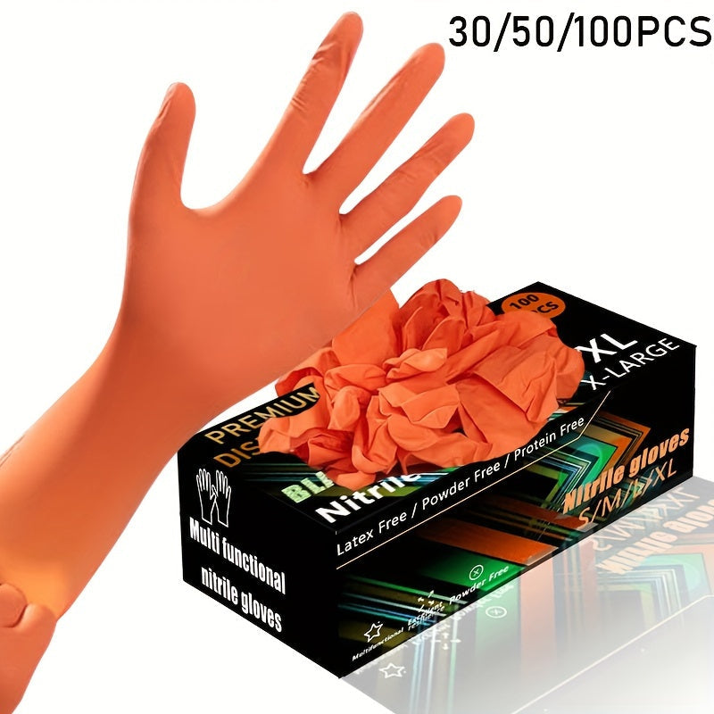 Orange Disposable Nitrile Gloves, available in packs of 30, 50, or 100. Perfect for various tasks such as kitchen cleaning, dishwashing, manicures, pet bathing, and food service. These gloves are latex-free and disposable for convenient wear.