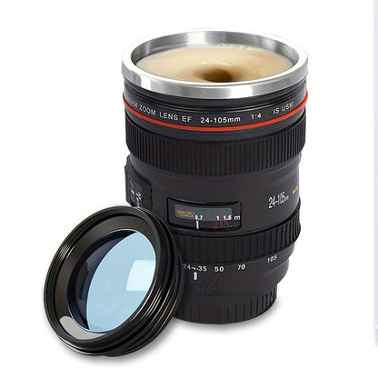 Stainless steel camera lens coffee mug with retractable lid, realistic SLR design. BPA-free ABS plastic. Ideal gift for photographers. Multipurpose travel cup. Hand wash only. Novelty drinkware.