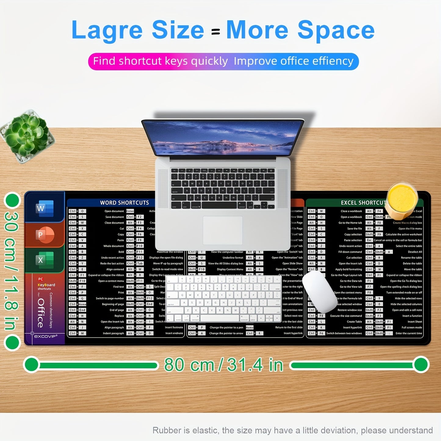 Oblong rubber mouse pad with non-slip design for office and home use, featuring keyboard shortcuts for Office applications. Durable and easy to clean.