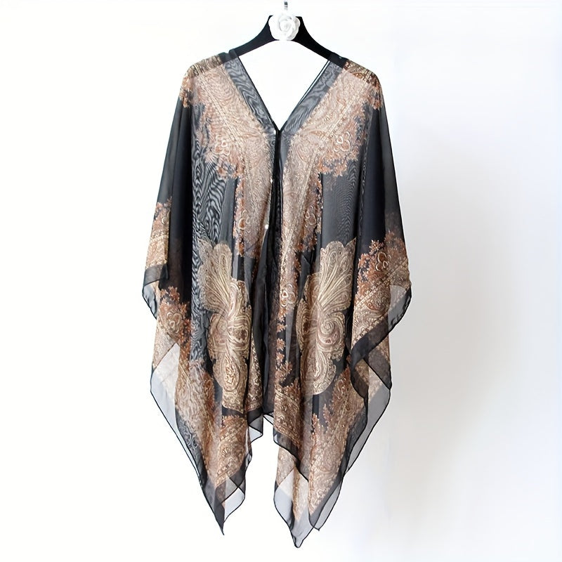 Bohemian style floral print chiffon shawl for women, a large-size beach cover-up with UV protection, perfect for vacation.