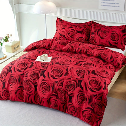 Set of 3 Duvet Covers, featuring a Romantic Red Rose Print, suitable for all seasons. This Soft, Comfortable and Breathable Bedding Set is perfect for the Bedroom or Guest Room. Includes 1 Duvet Cover and 2 Pillowcases, Core not included.