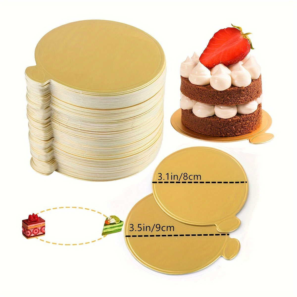 Golden cardboard mini cake bases, ideal for serving mousse desserts at weddings, birthday parties, and other special occasions. Each pack includes 50/100 round disposable paperboard cupcake boards for elegant party displays.