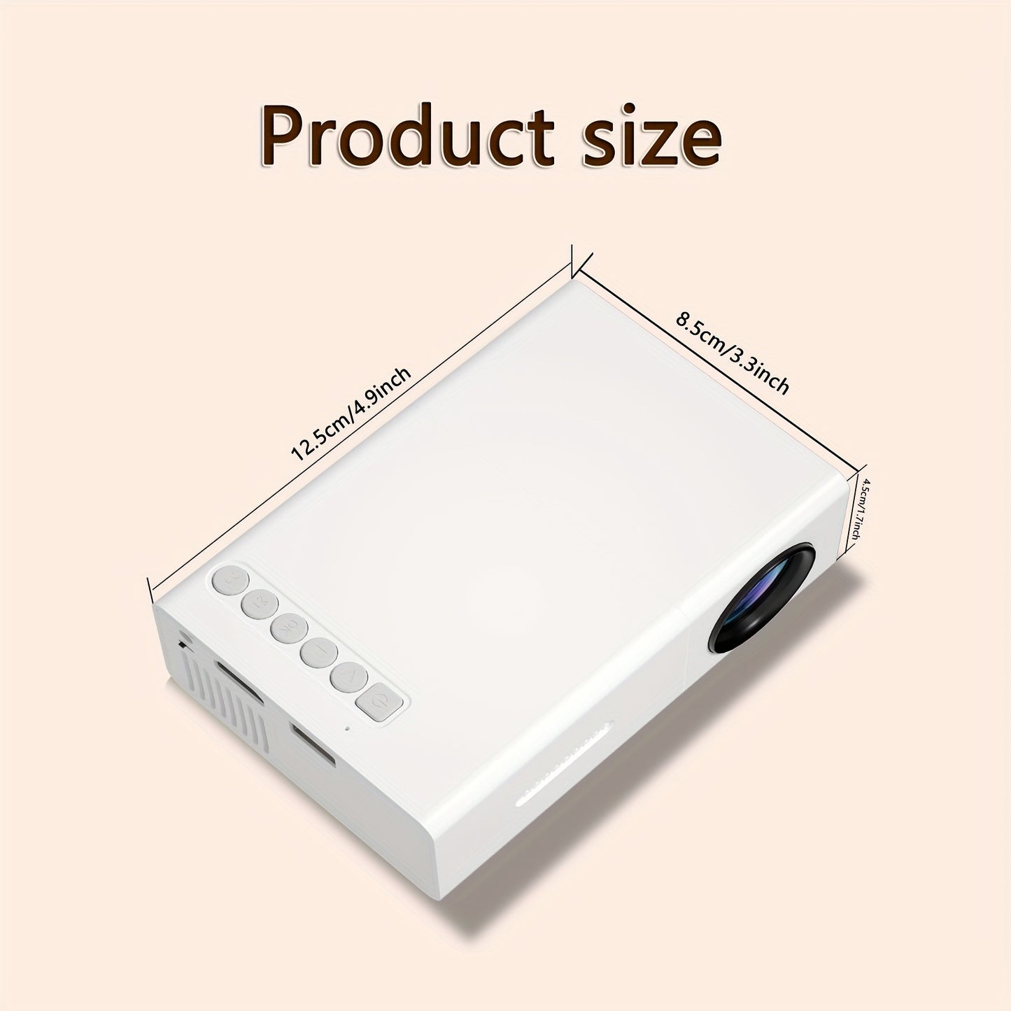 Compact ZRZTM Micro Projector with fast focus, 1080P compatibility, 320P native resolution, 30000 hours lifespan. Portable and ideal for home bedroom use, compatible with TV sticks