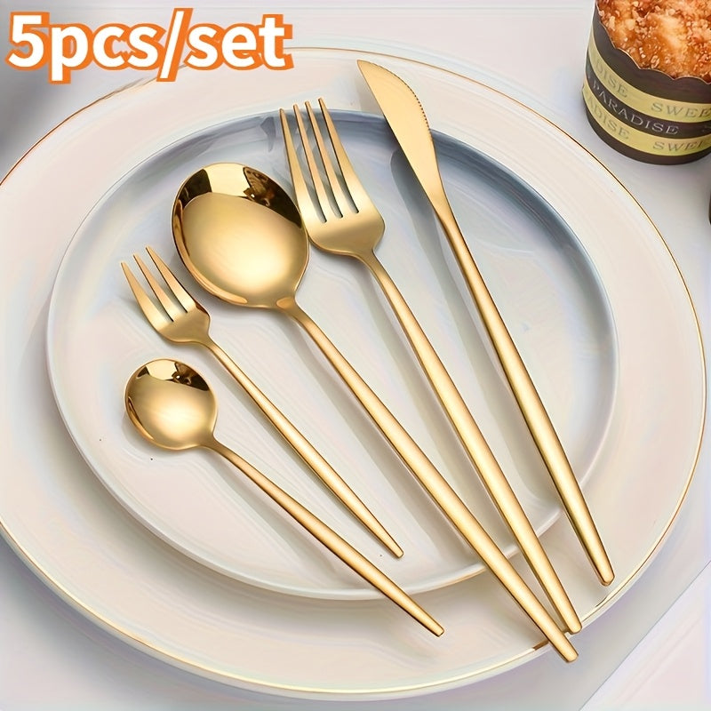 5-piece elegant golden stainless steel cutlery set for home, kitchen, restaurant, or wedding. Includes dinner knife, fork, spoon, teaspoon, and comb. Durable and modern flatware collection.