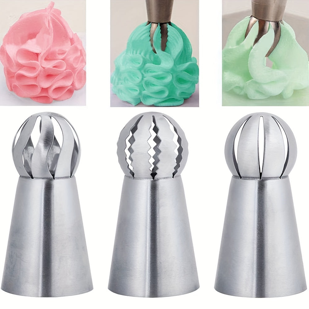 Set of 3 Russian Piping Tips made of durable stainless steel. Perfect for creating intricate designs on cupcakes and cakes, as well as for making puffs. A must-have baking tool and kitchen gadget for any home chef.