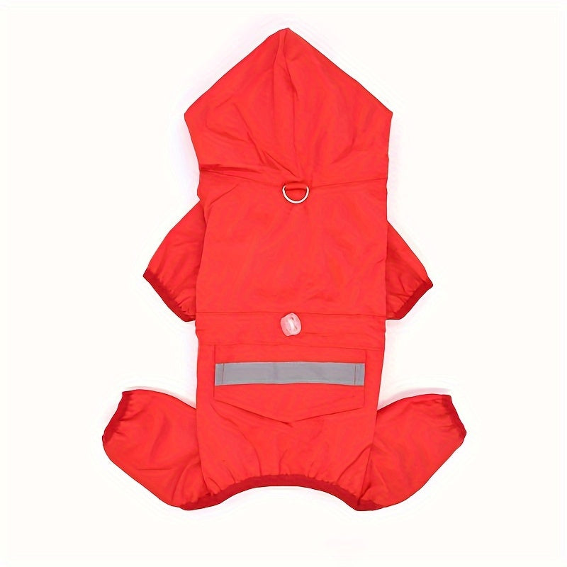 Waterproof reflective dog raincoat with snap buttons, stretch fabric. Suitable for small to medium breeds, hand wash only. Hooded, water resistant.